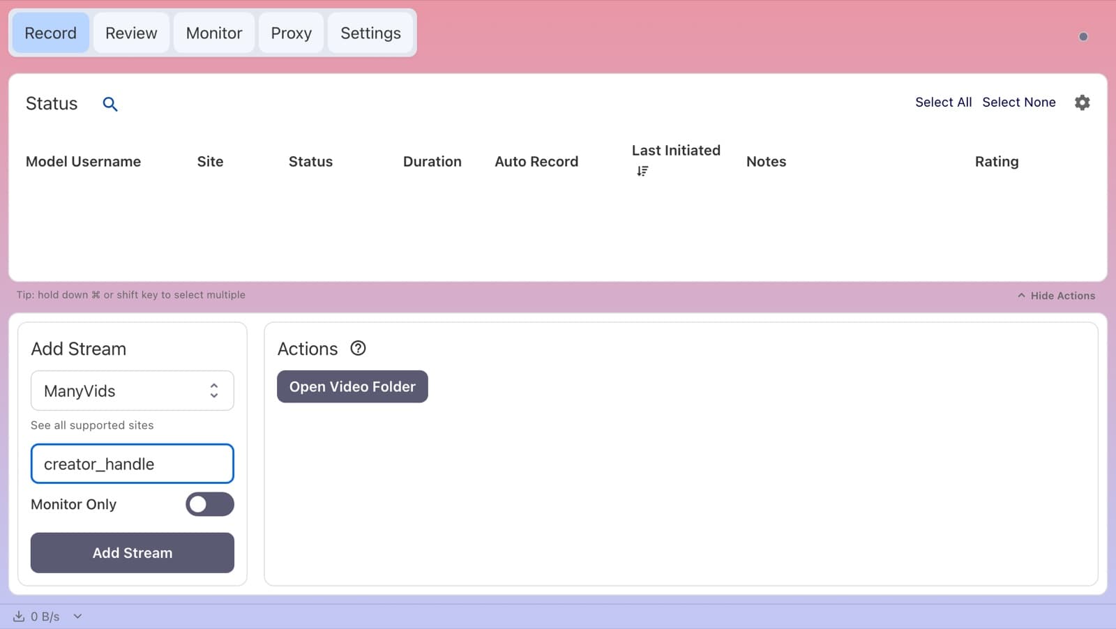 CaptureGem Record tab with ManyVids selected in the Add Stream panel