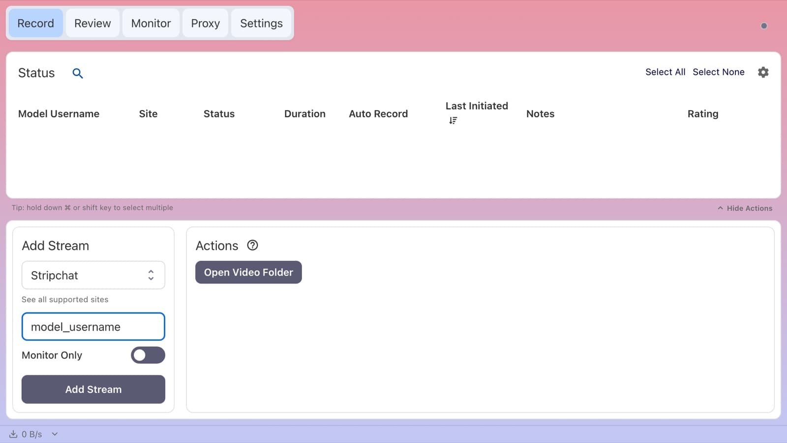 CaptureGem Record tab with Stripchat selected in the Add Stream panel